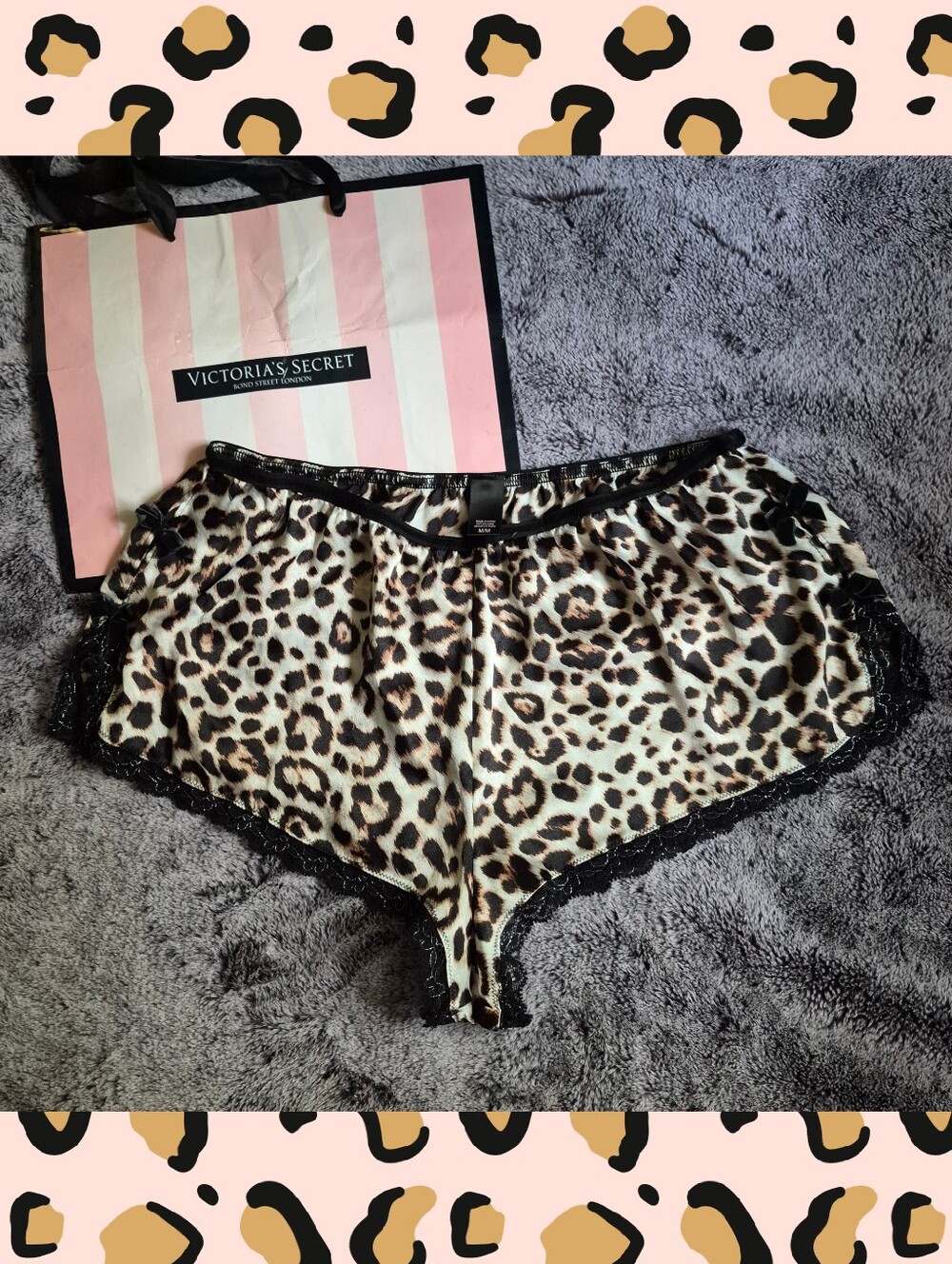 VS Animal Print Satin Sleep Shorts Side Slits Velvet Bow Lace Lining Size Medium
